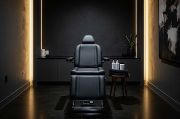 a dark SMP studio chair with gold backlighting