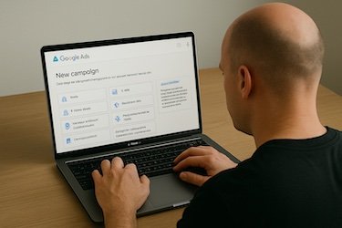 a man setting up a Google Ads PPC campaign for his SMP studio