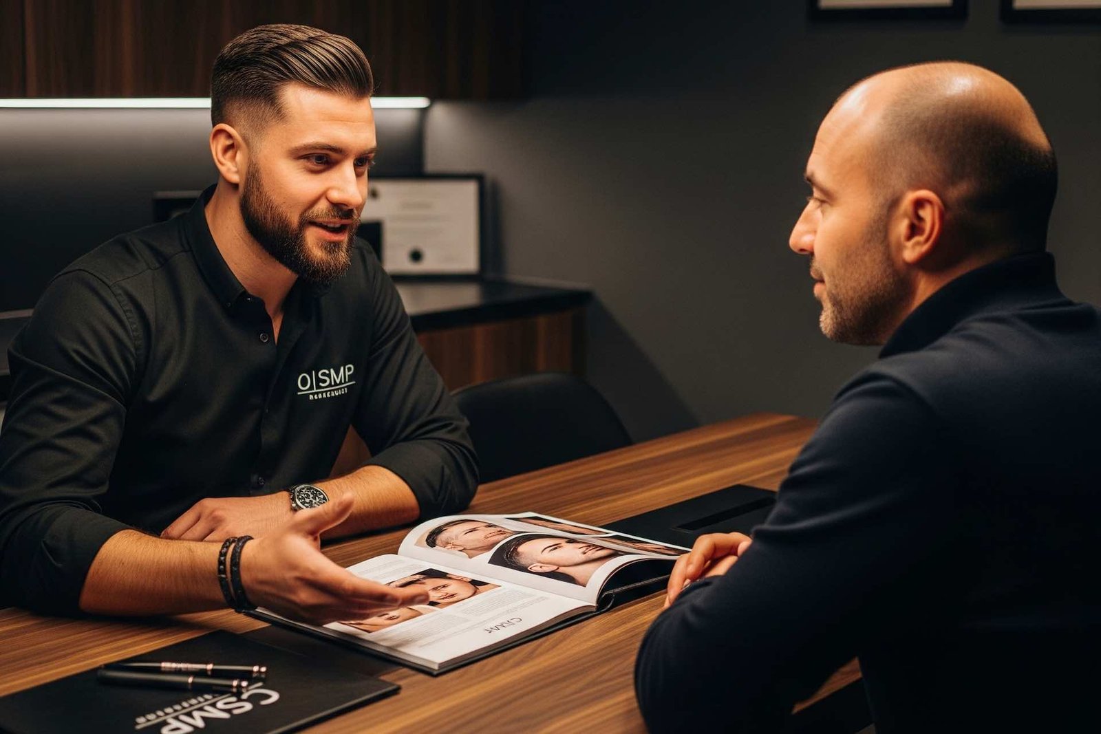 an SMP artist having a consultation with a balding man for a SMP hair tattoo