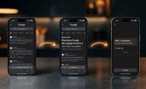 Scalp micropigmentation marketing funnel showing Google search results, PPC ad, and consultation booking