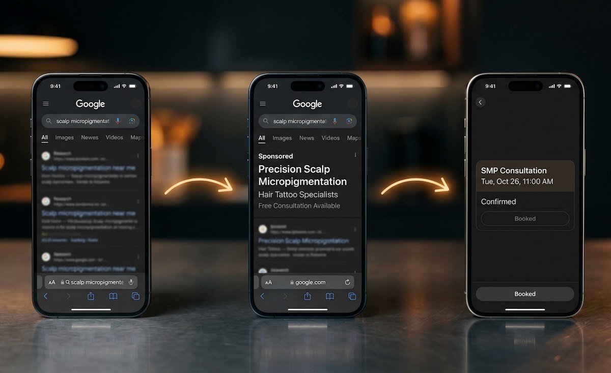 Scalp micropigmentation marketing funnel showing Google search results, PPC ad, and consultation booking