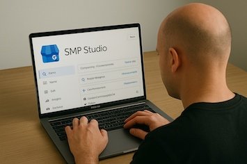 a man working on his Google Business Profile to improve his SMP studios local SEO