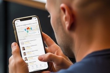 a balding man searching Google on his phone for SMP near me
