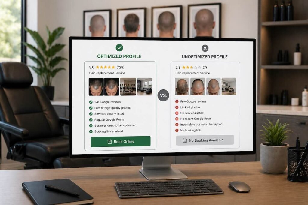 Comparison of optimized vs unoptimized Google Business Profile listings for scalp micropigmentation studios showing reviews, photos, services, and booking visibility