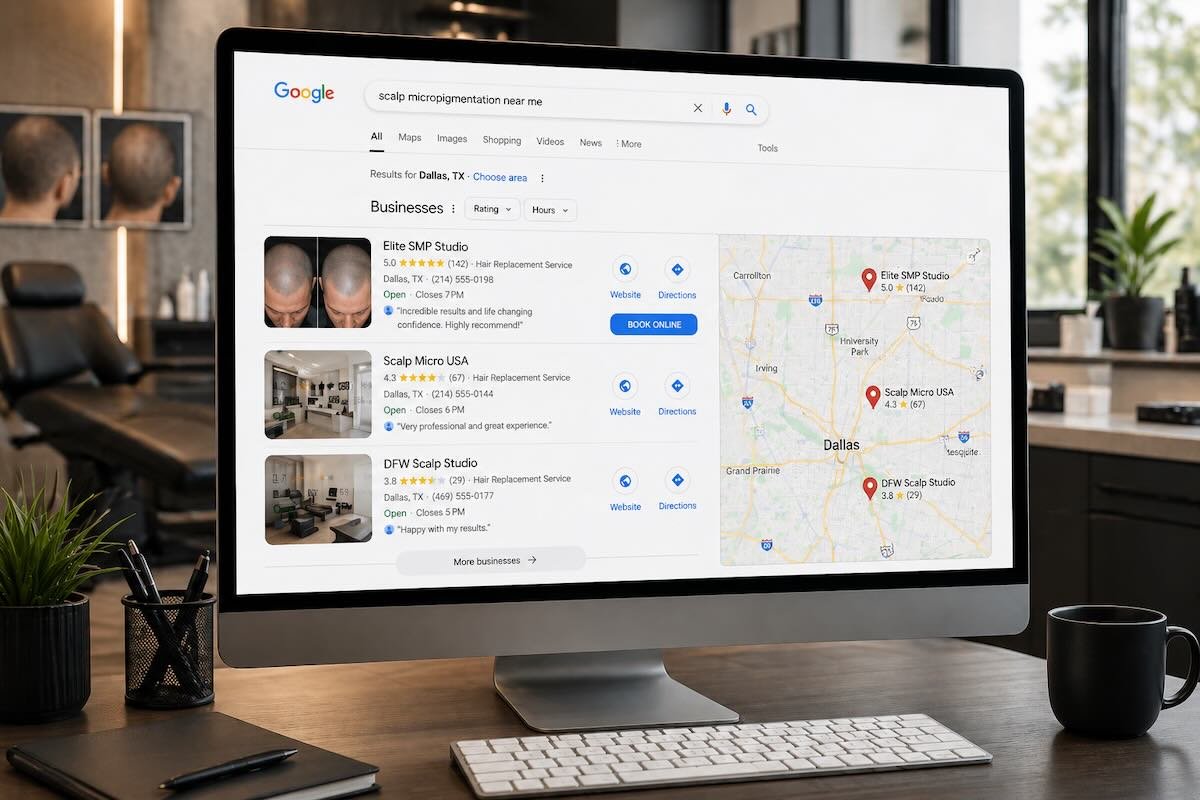 Google Business Profile local pack optimization for scalp micropigmentation studios showing SMP studio rankings in Google Maps and local search results