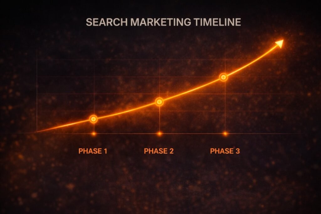 Search marketing timeline showing four phases of SEO and PPC growth for SMP studios with upward performance trend