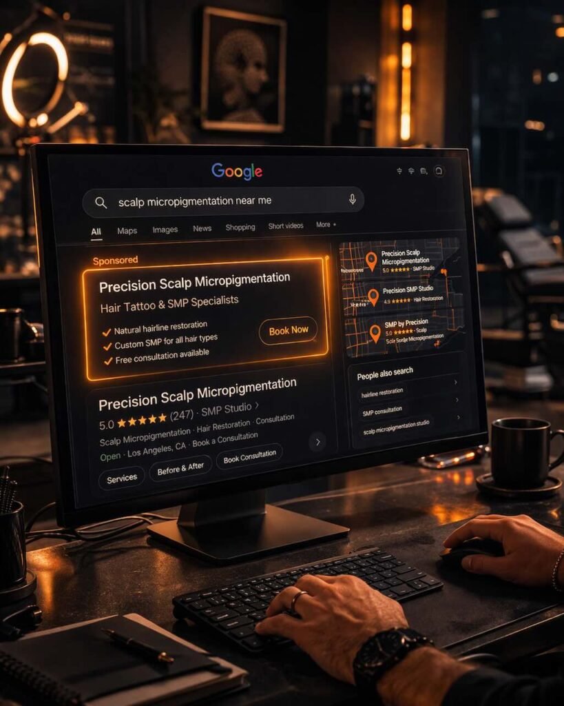 SMP studio owner reviewing Google search visibility and paid ads performance on a computer inside a modern scalp micropigmentation studio