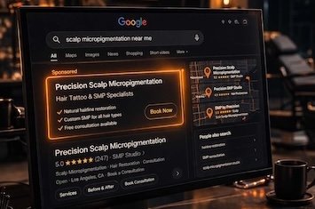 SMP studio owner reviewing Google search visibility and paid ads performance on a computer inside a modern scalp micropigmentation studio