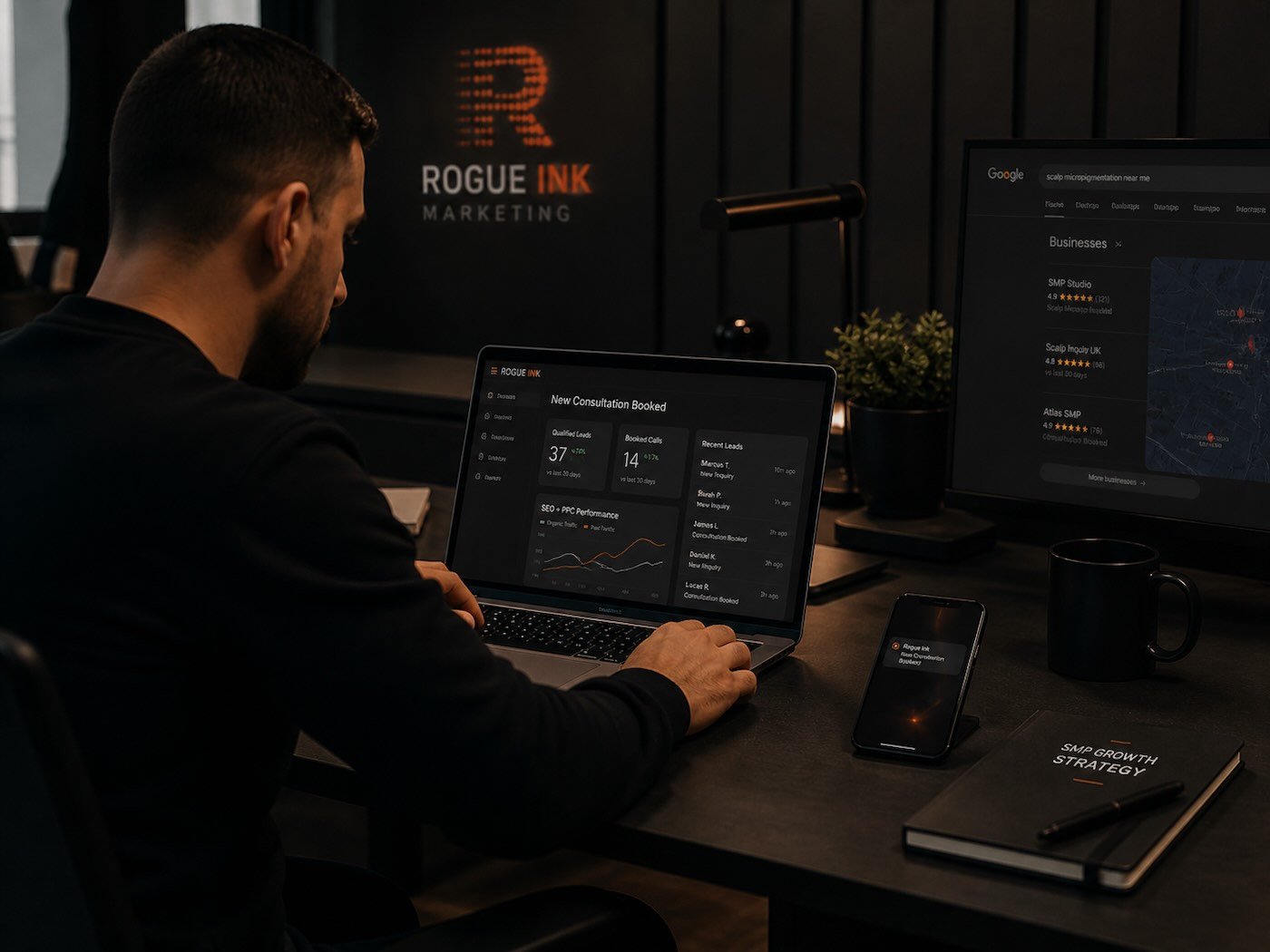 Marketing strategist reviewing SMP consultation leads and SEO PPC performance inside the Rogue Ink Marketing office