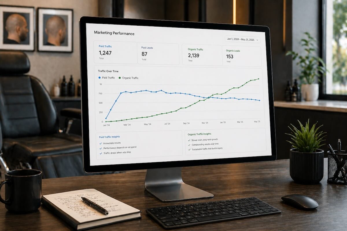SEO vs PPC traffic growth comparison for scalp micropigmentation studios showing paid ads immediate results and long term organic search growth