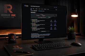 Google local search results for scalp micropigmentation displayed in a premium Rogue Ink Marketing workspace