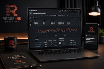 Google Ads dashboard showing SMP lead generation performance and new consultation bookings for Rogue Ink Marketing